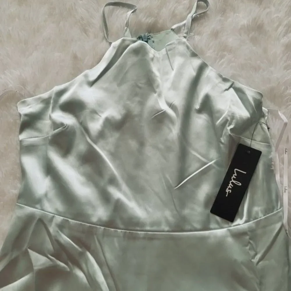 Lulus Mint Blue Satin Tiered Asymmetrical Midi Dress - Picture 5 of 14